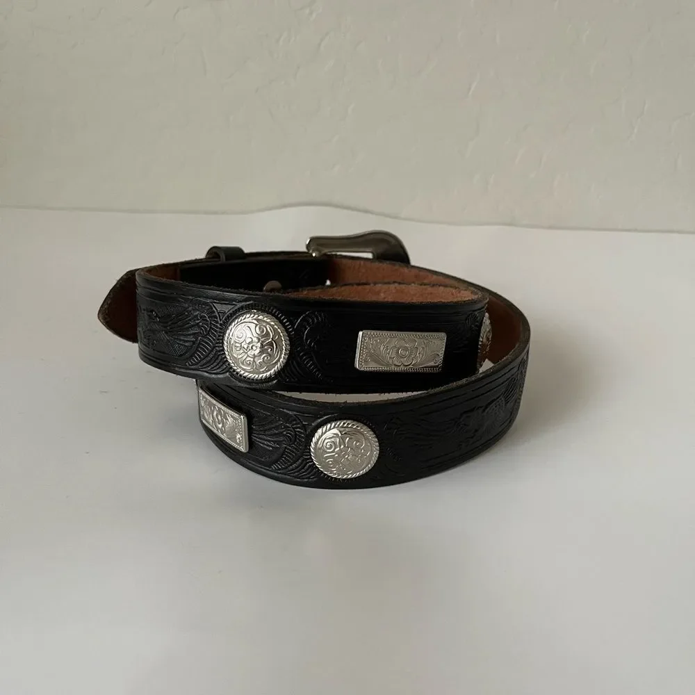 Western Embossed Tooled Leather Metal Detail Handmade Belt Black and Silver